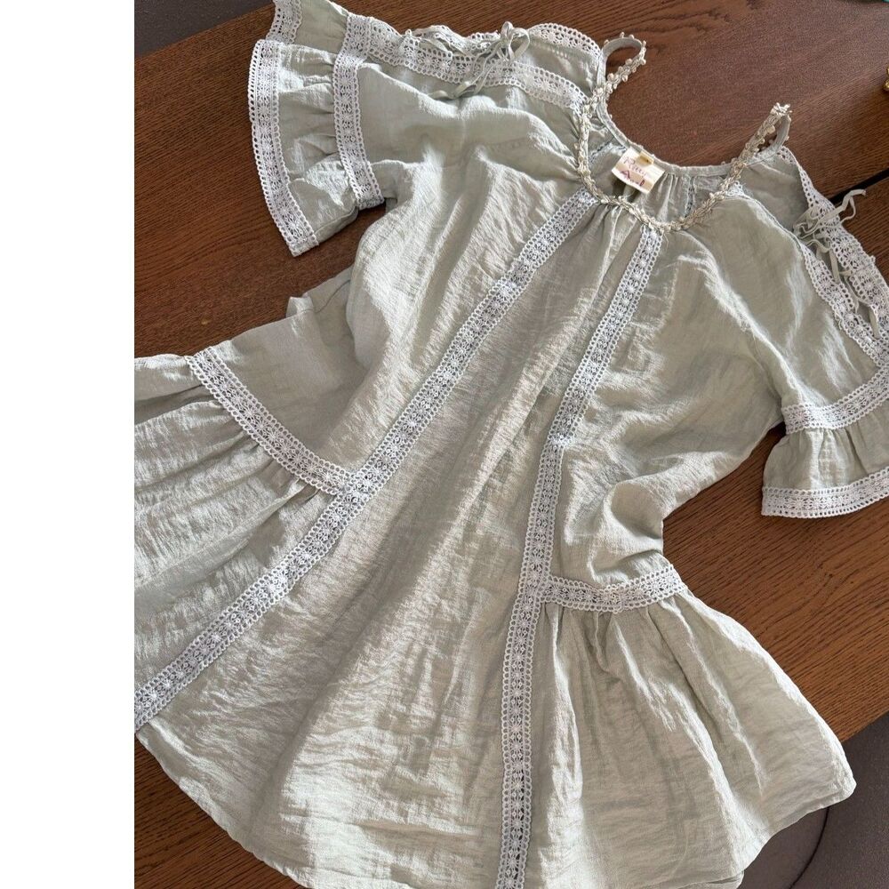Pretty Angel Sage Green Crochet Lace Boho Layered Tunic Top Size L